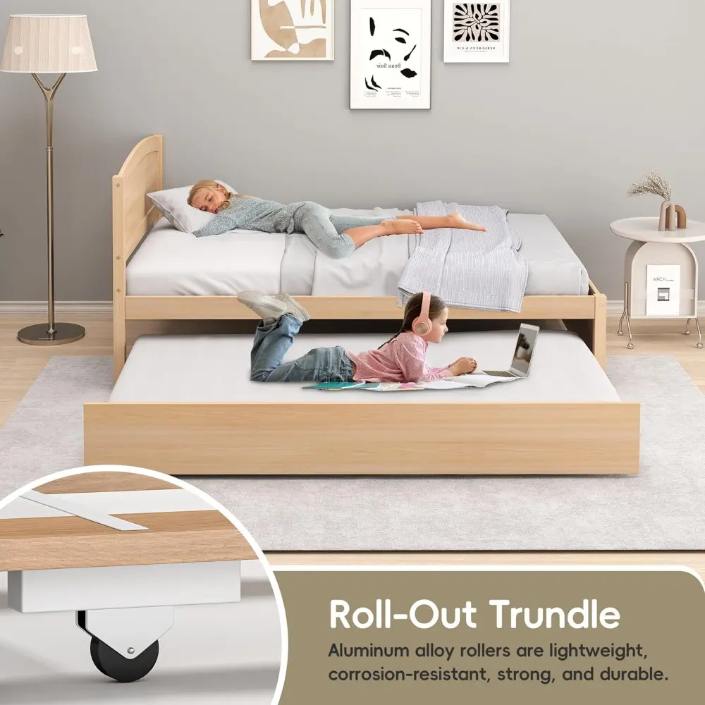 Twin Trundle Bed, Solid Wooden Pull Out Bed Frame, Extendable Day Bed with Headboard and Soild Wood Slats Support, Bedroom, Livi