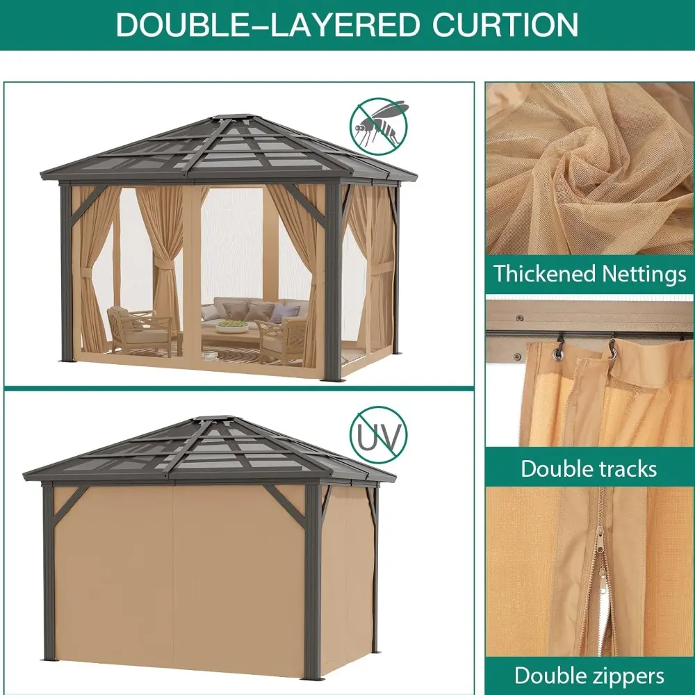 Aluminum Framed Permanent Outdoor Pavilion with Double Polycarbonate Roof, Curtains, and Netting for 10x12 Gazebo