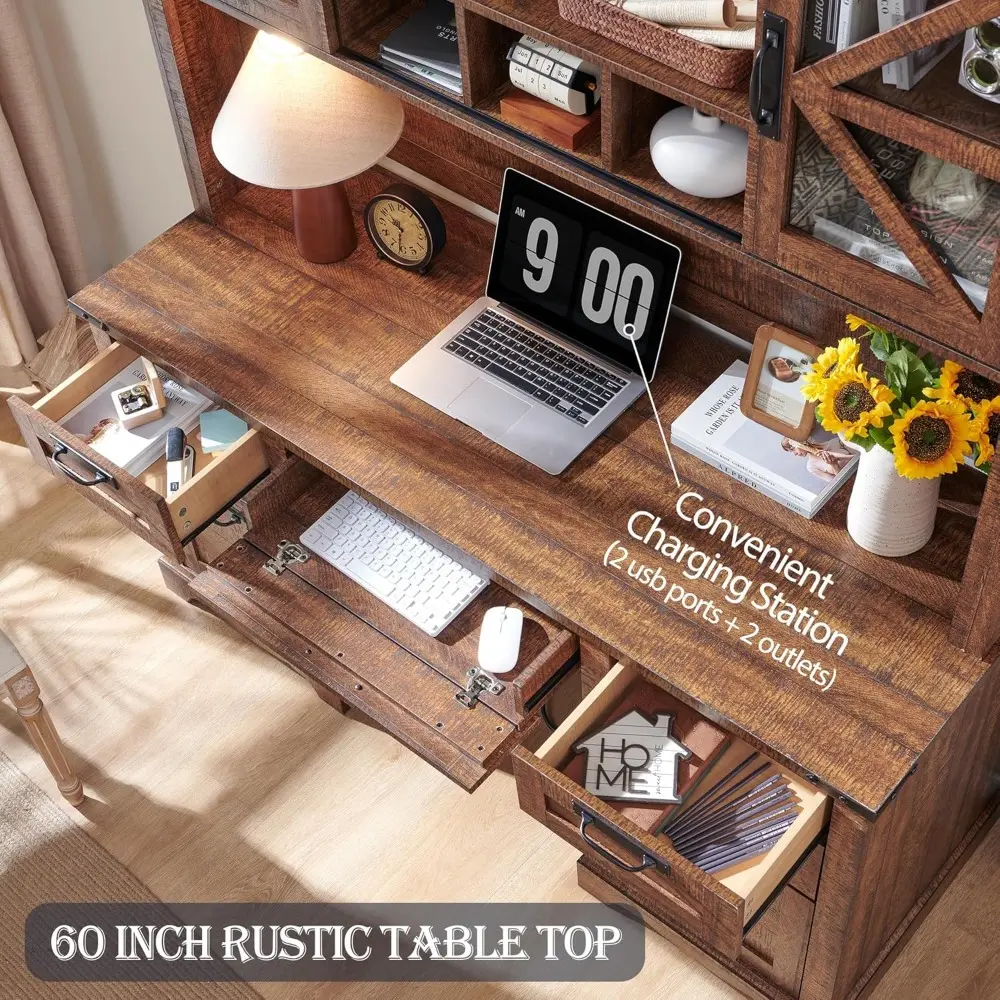 60" Farmhouse Desk with Hutch, Wood Home Office Executive Desk with Drawer, Charging Station, Keyboard Tray, File Drawer, Stora