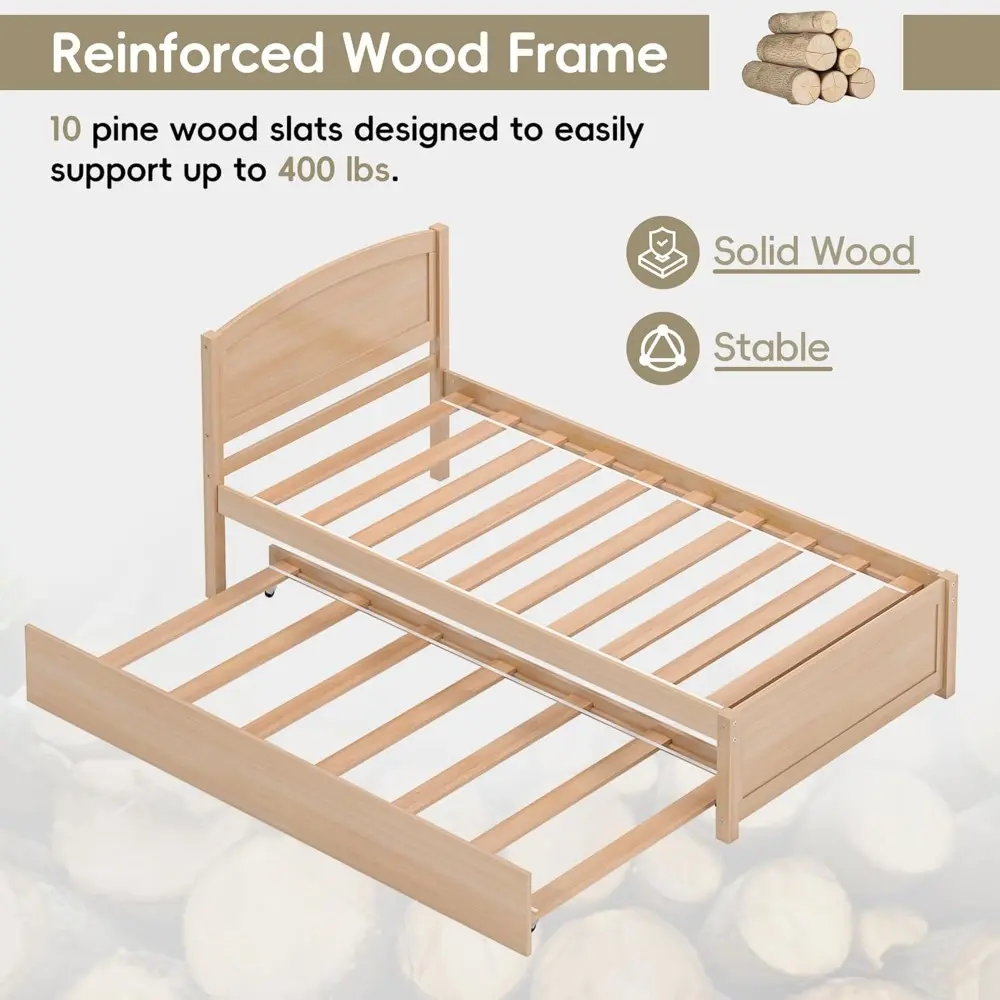 Twin Trundle Bed, Solid Wooden Pull Out Bed Frame, Extendable Day Bed with Headboard and Soild Wood Slats Support, Bedroom, Livi
