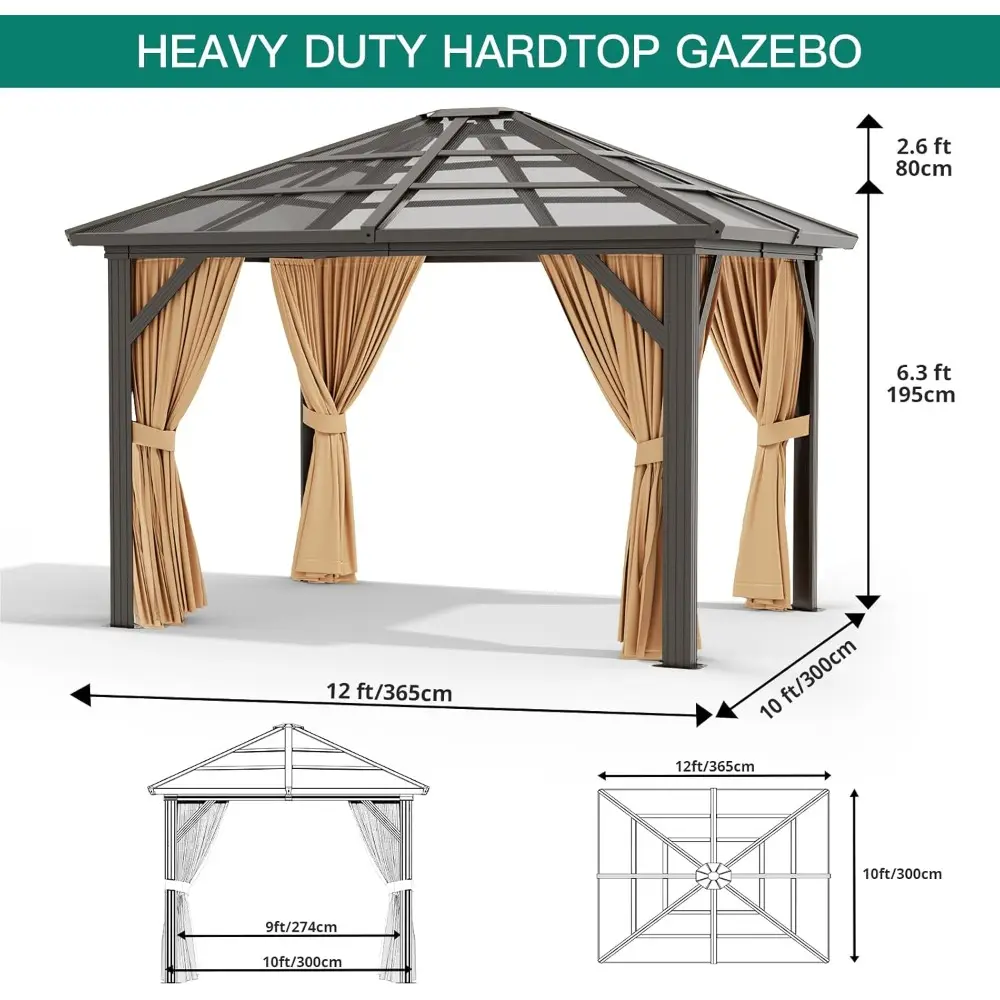 Aluminum Framed Permanent Outdoor Pavilion with Double Polycarbonate Roof, Curtains, and Netting for 10x12 Gazebo