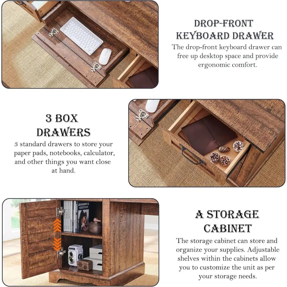 60" Farmhouse Desk with Hutch, Wood Home Office Executive Desk with Drawer, Charging Station, Keyboard Tray, File Drawer, Stora