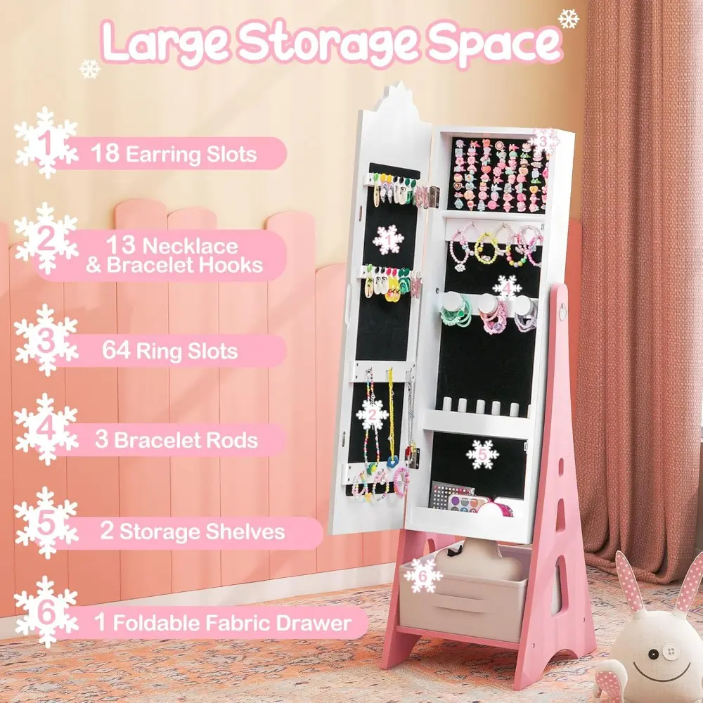 Kids Vanity & Jewelry Armoire Cabinet, Kids Vanity Table and Chair Set, Standing Jewelry Organizer with Full-Length Mirror, Kid