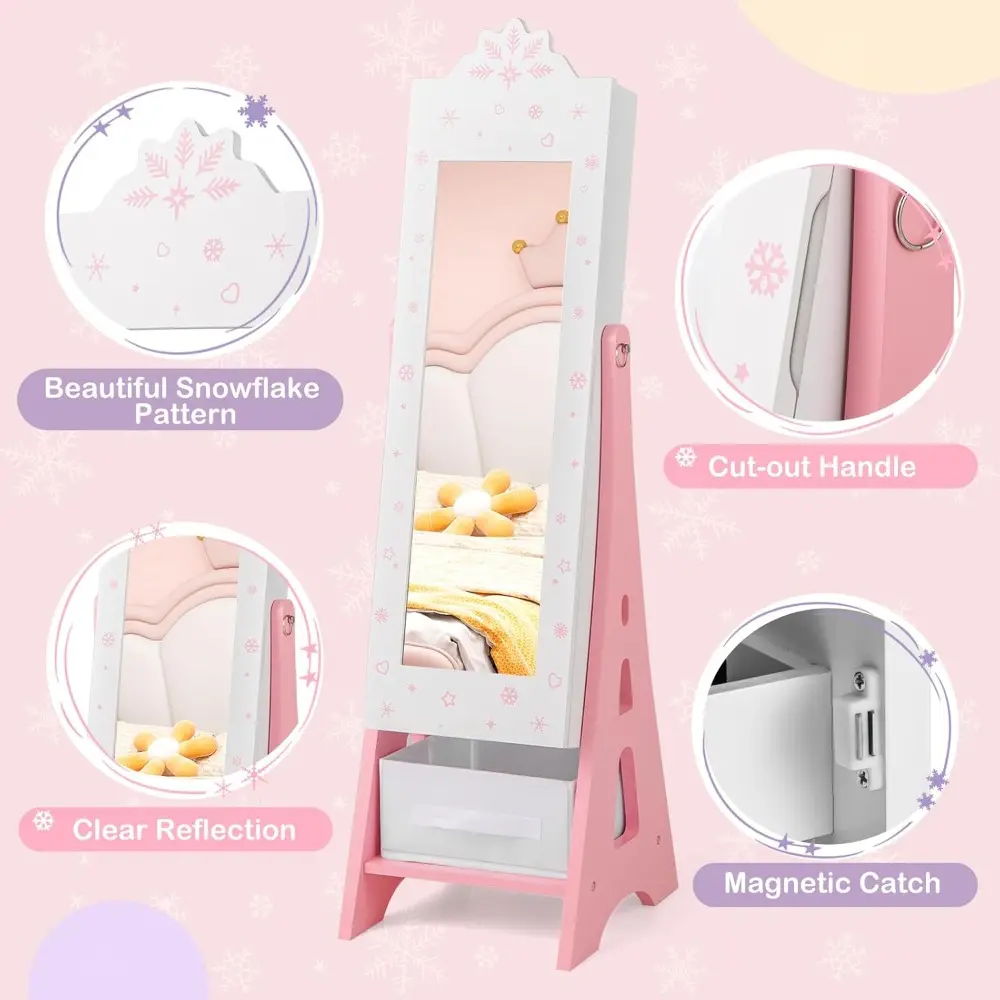 Kids Vanity & Jewelry Armoire Cabinet, Kids Vanity Table and Chair Set, Standing Jewelry Organizer with Full-Length Mirror, Kid