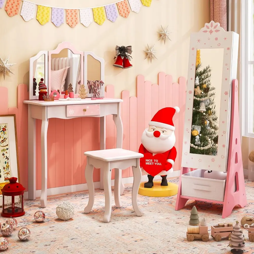 Kids Vanity & Jewelry Armoire Cabinet, Kids Vanity Table and Chair Set, Standing Jewelry Organizer with Full-Length Mirror, Kid