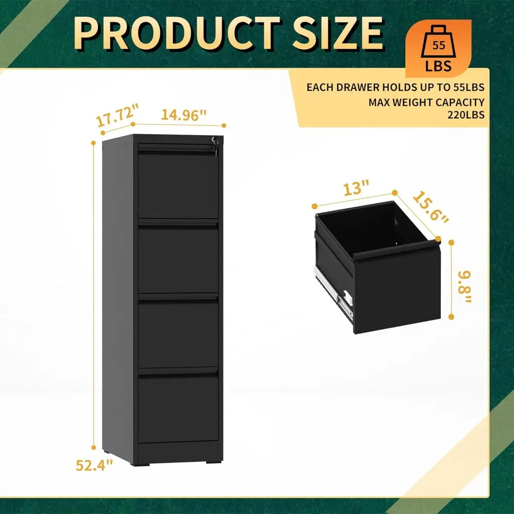 4 Drawer File Cabinet with Lock, Steel Vertical Filing Storage Cabinet for Home Office, Heavy-Duty File Cabinets for Letters/Leg