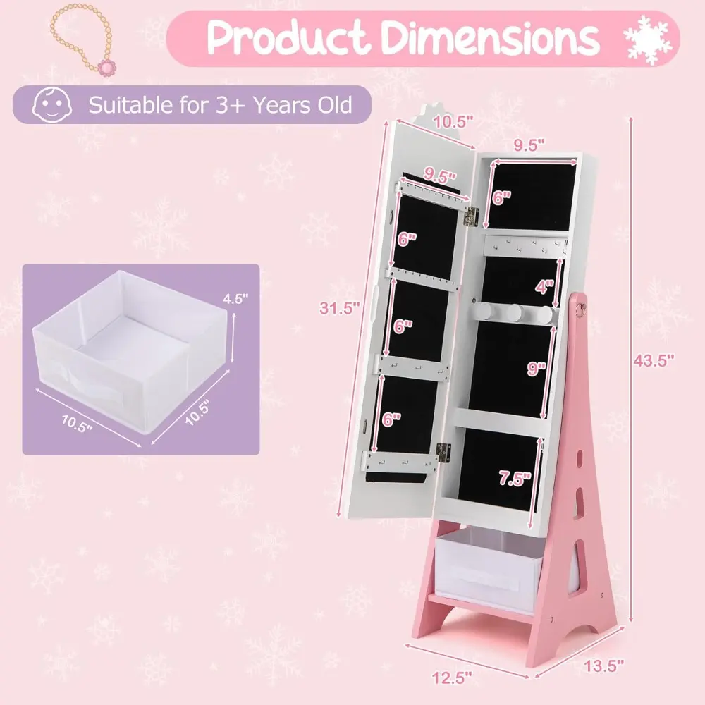 Kids Vanity & Jewelry Armoire Cabinet, Kids Vanity Table and Chair Set, Standing Jewelry Organizer with Full-Length Mirror, Kid