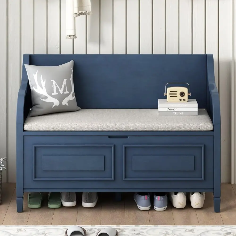 Storage Bench, 41.9” Solid Wood Storage Chest with Backrest and Safety Hinge, Large Storage Space Bench with Upholstered Cushio