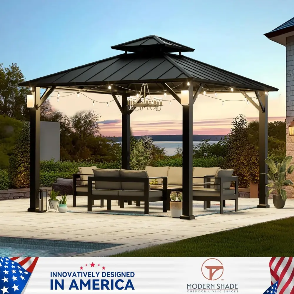 10x10 Modern Shade Hardtop Gazebo with Permanent Metal Structure and 4 LED Lights, Outdoor Pavilion featuring Galvanized Steel R