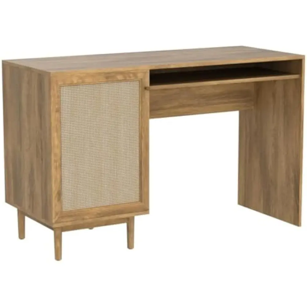 Haylee Boho Farmhouse Writing Desk, with Natural Rattan Exterior Door, Ample Storage, Adjustable Shelves, for Study, Vanity, Ma