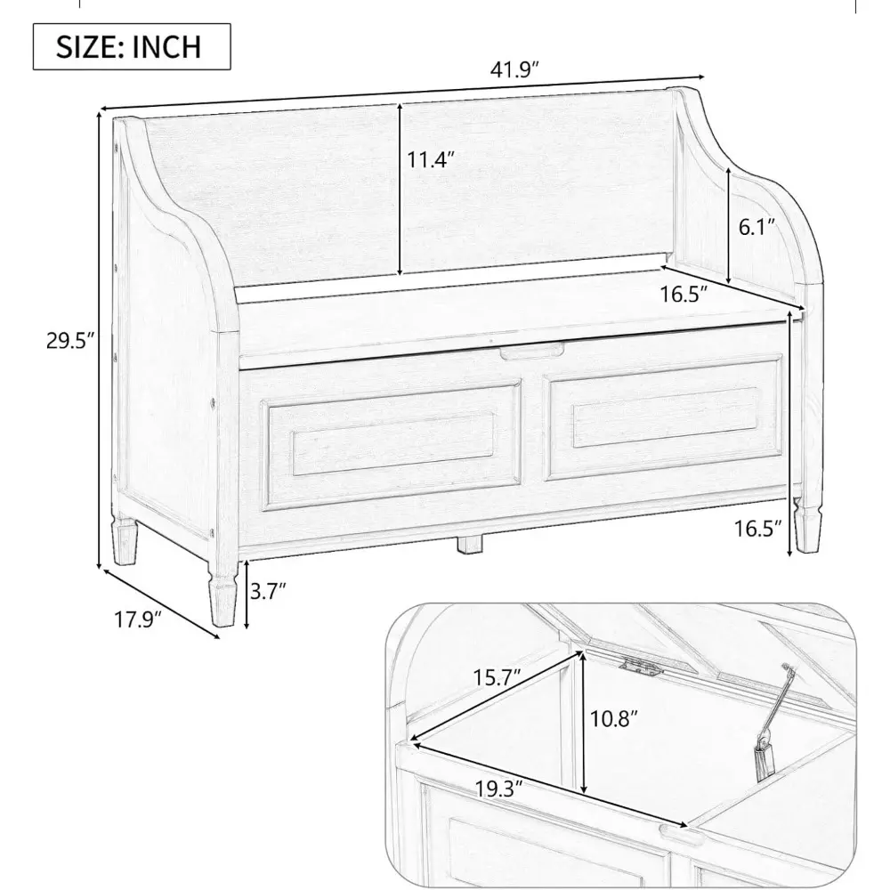 Storage Bench, 41.9” Solid Wood Storage Chest with Backrest and Safety Hinge, Large Storage Space Bench with Upholstered Cushio