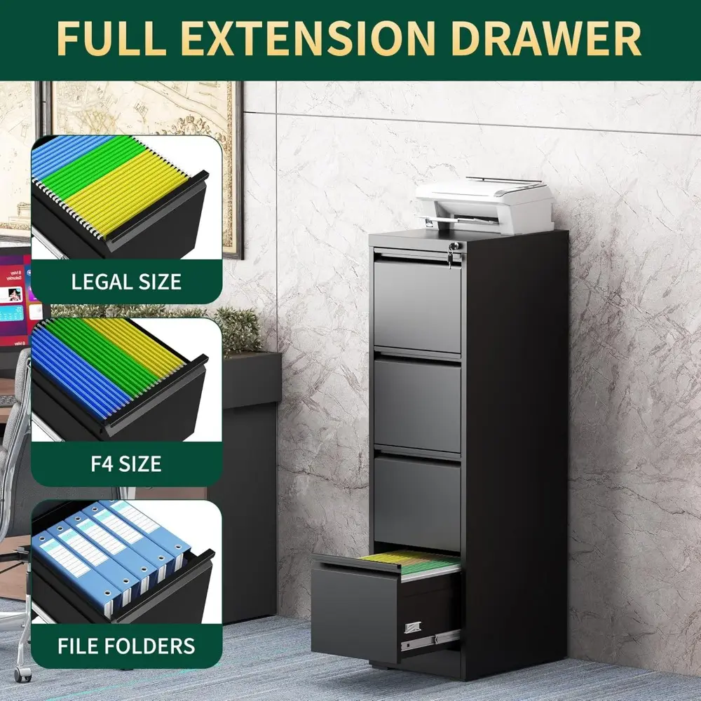 4 Drawer File Cabinet with Lock, Steel Vertical Filing Storage Cabinet for Home Office, Heavy-Duty File Cabinets for Letters/Leg