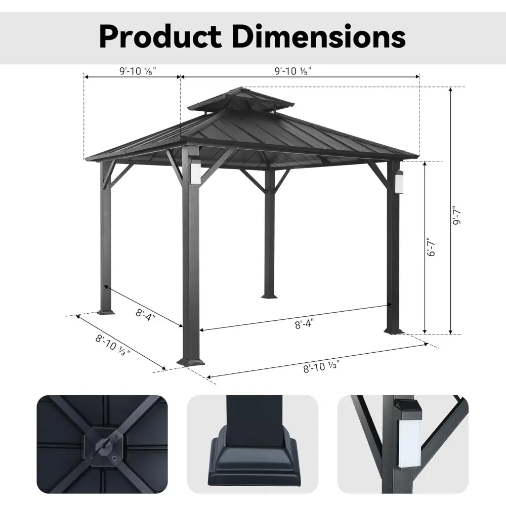 10x10 Modern Shade Hardtop Gazebo with Permanent Metal Structure and 4 LED Lights, Outdoor Pavilion featuring Galvanized Steel R