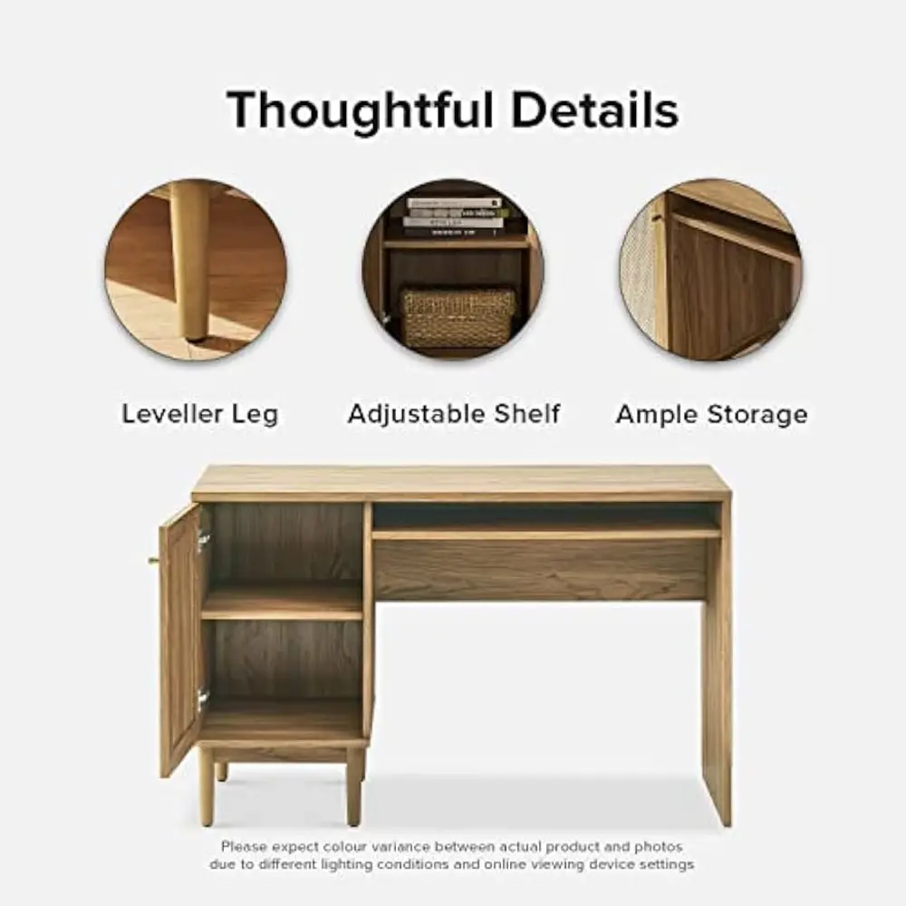 Haylee Boho Farmhouse Writing Desk, with Natural Rattan Exterior Door, Ample Storage, Adjustable Shelves, for Study, Vanity, Ma