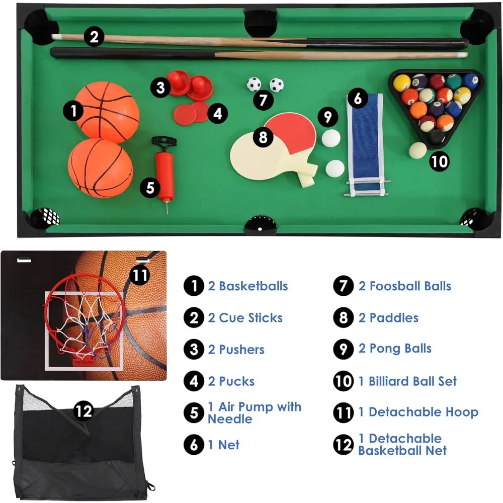 5-in-1 Multi-Game Table for Kids - Combo Game Table with Billiards, Push Hockey, Foosball, Ping Pong, and Basketball - 45-Inch