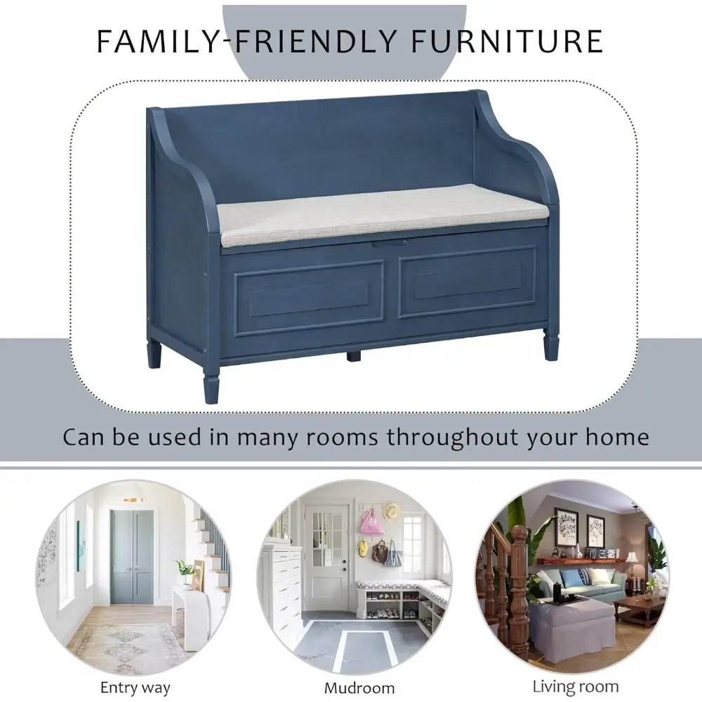 Storage Bench, 41.9” Solid Wood Storage Chest with Backrest and Safety Hinge, Large Storage Space Bench with Upholstered Cushio