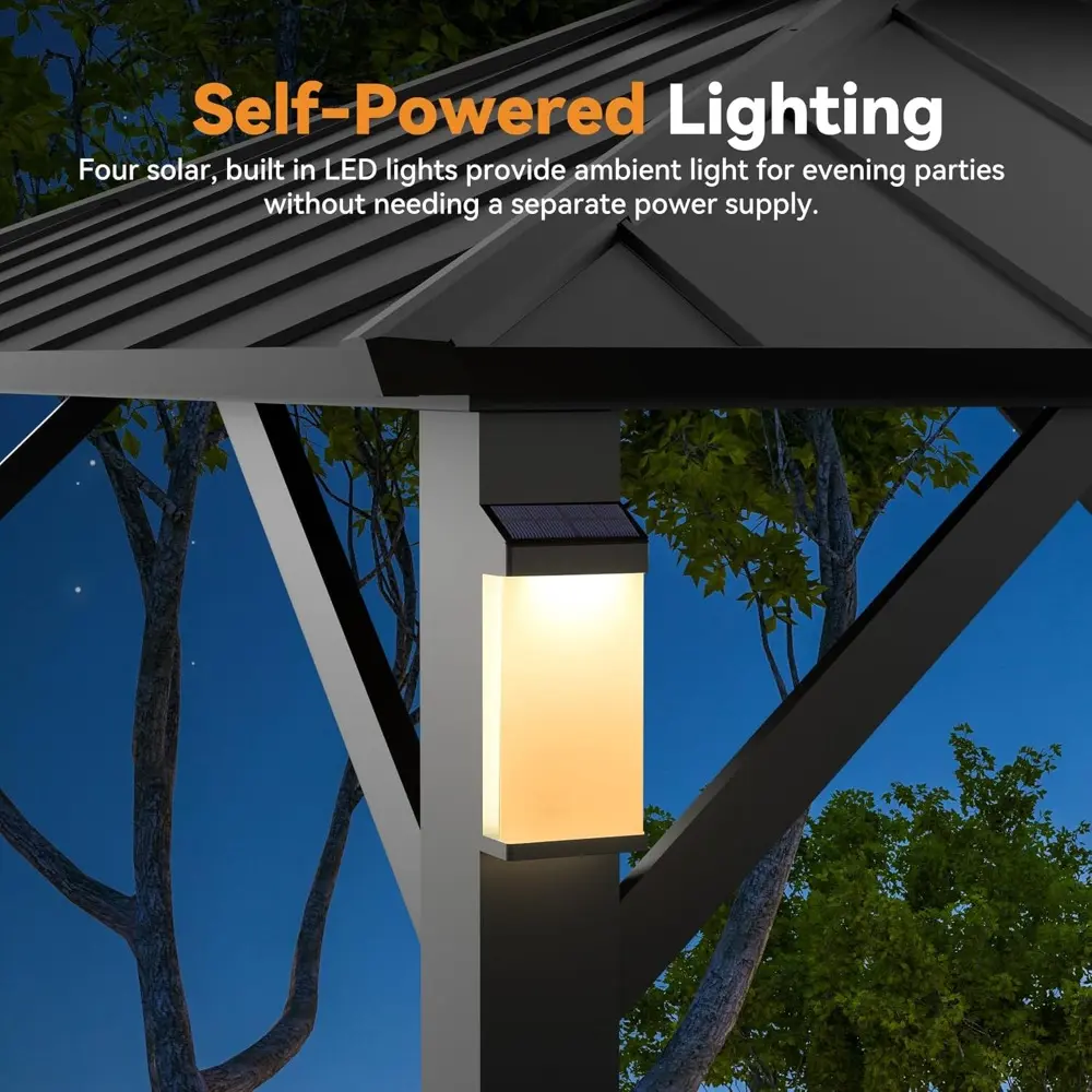 10x10 Modern Shade Hardtop Gazebo with Permanent Metal Structure and 4 LED Lights, Outdoor Pavilion featuring Galvanized Steel R