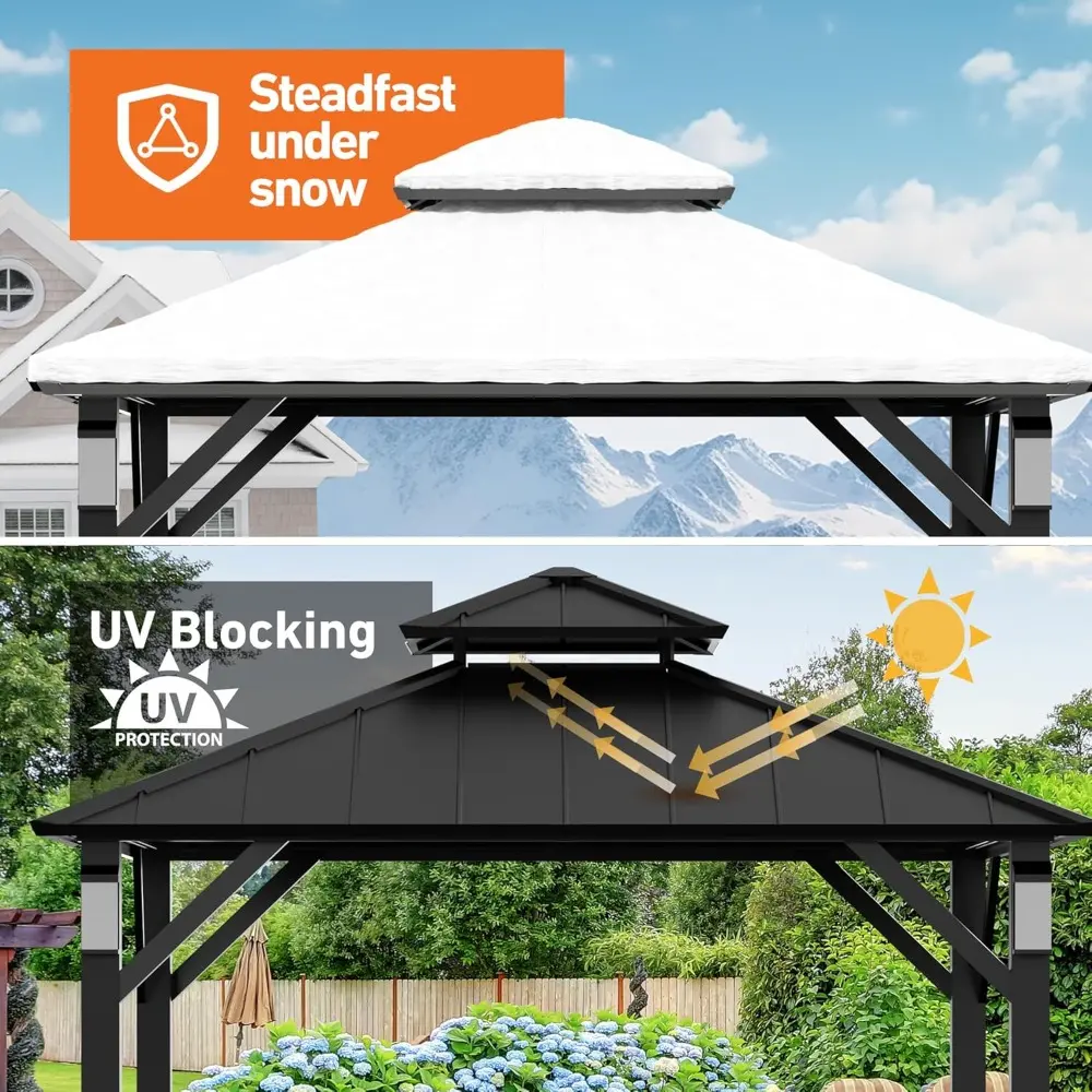 10x10 Modern Shade Hardtop Gazebo with Permanent Metal Structure and 4 LED Lights, Outdoor Pavilion featuring Galvanized Steel R