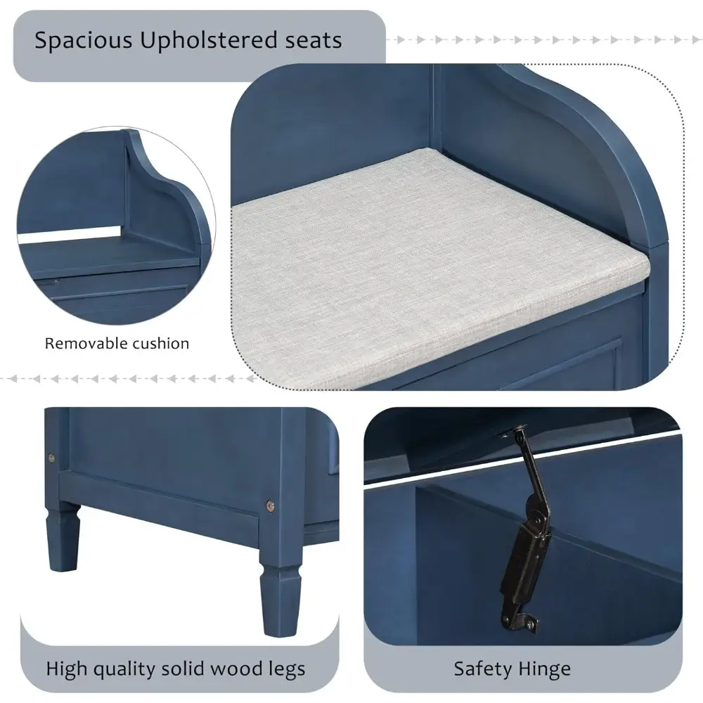 Storage Bench, 41.9” Solid Wood Storage Chest with Backrest and Safety Hinge, Large Storage Space Bench with Upholstered Cushio