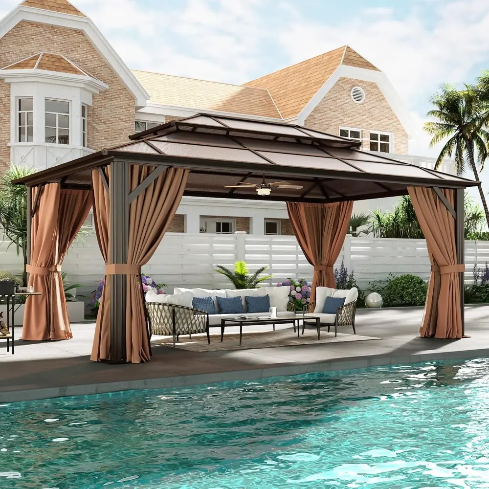 Aluminum Framed Permanent Pavilion with Double Roof Canopy, 12x16 Hardtop Gazebo featuring Curtains and Netting for Outdoor Use