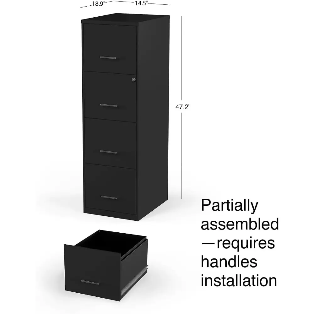 4-Drawer Vertical File Cabinet, Letter Size Documents, Lockable, 18.9" D x 14.3" W x 45.8" H, Black