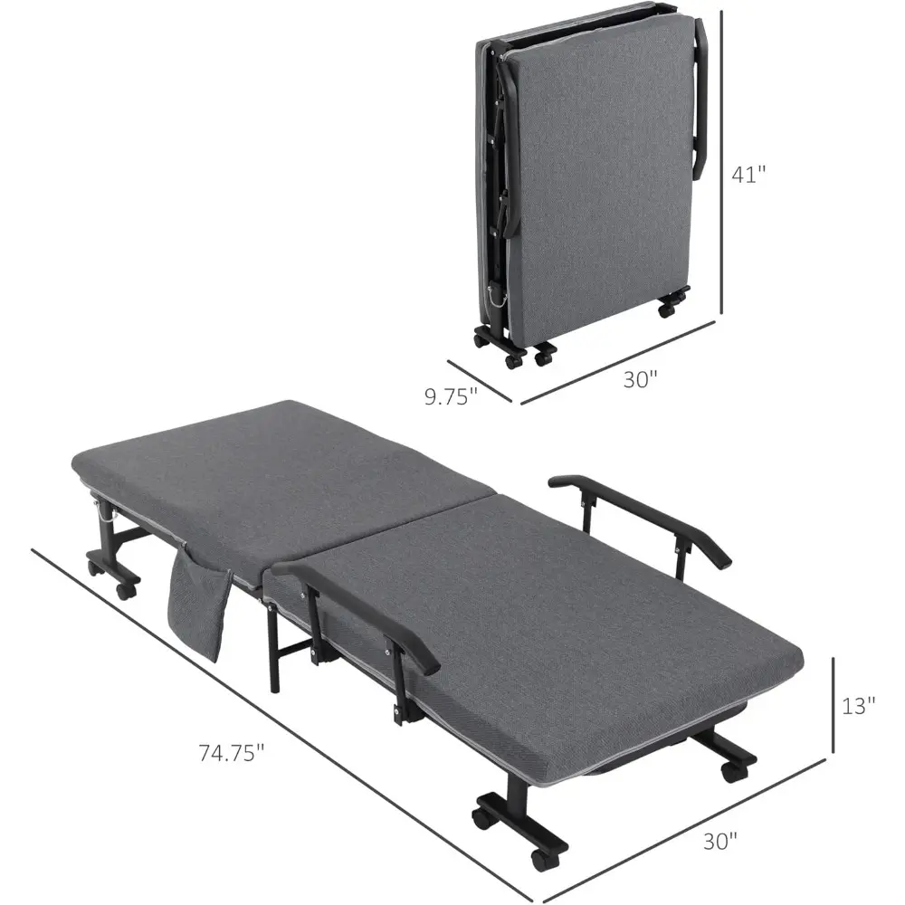 HOMCOM Rollaway Bed, Folding Guest Bed with 3.25" Mattress, Adjustable Backrest, Steel Frame, Dark Grey
