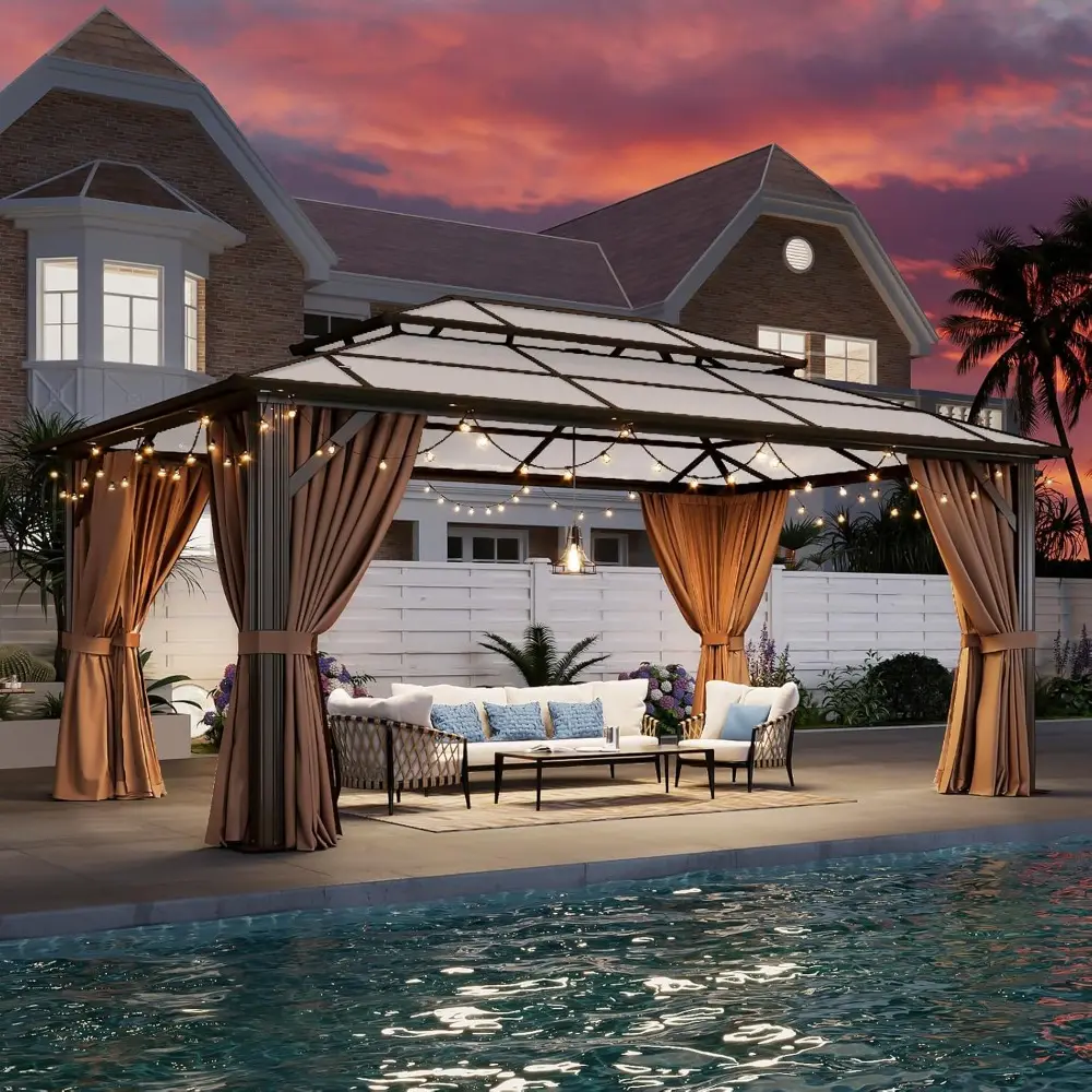 Aluminum Framed Permanent Pavilion with Double Roof Canopy, 12x16 Hardtop Gazebo featuring Curtains and Netting for Outdoor Use