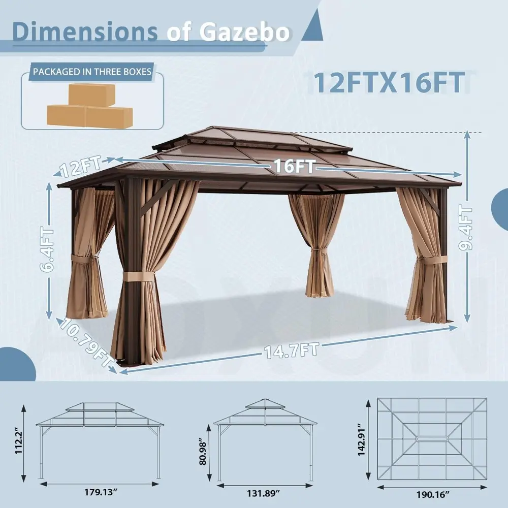 Aluminum Framed Permanent Pavilion with Double Roof Canopy, 12x16 Hardtop Gazebo featuring Curtains and Netting for Outdoor Use
