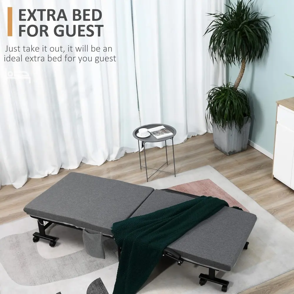 HOMCOM Rollaway Bed, Folding Guest Bed with 3.25" Mattress, Adjustable Backrest, Steel Frame, Dark Grey