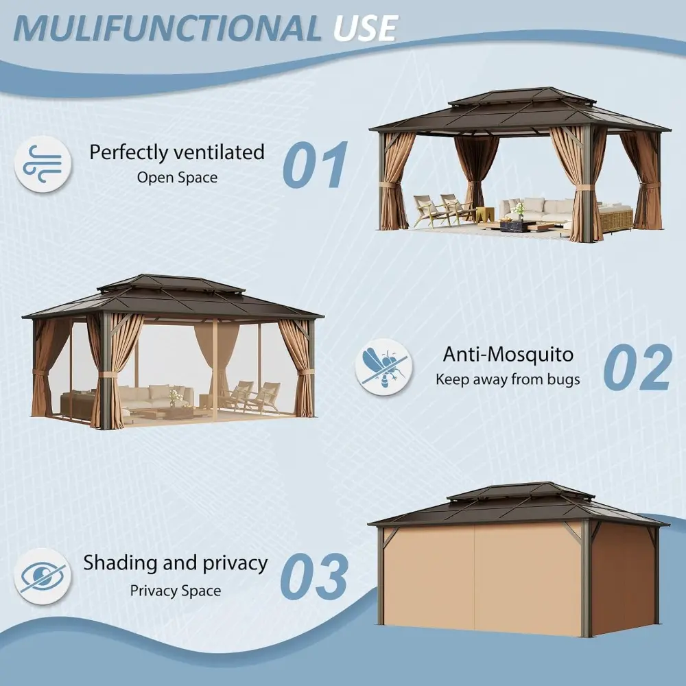 Aluminum Framed Permanent Pavilion with Double Roof Canopy, 12x16 Hardtop Gazebo featuring Curtains and Netting for Outdoor Use