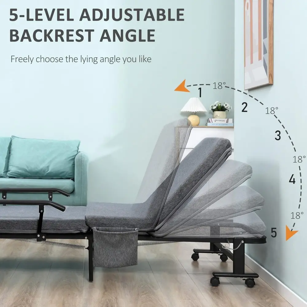 HOMCOM Rollaway Bed, Folding Guest Bed with 3.25" Mattress, Adjustable Backrest, Steel Frame, Dark Grey