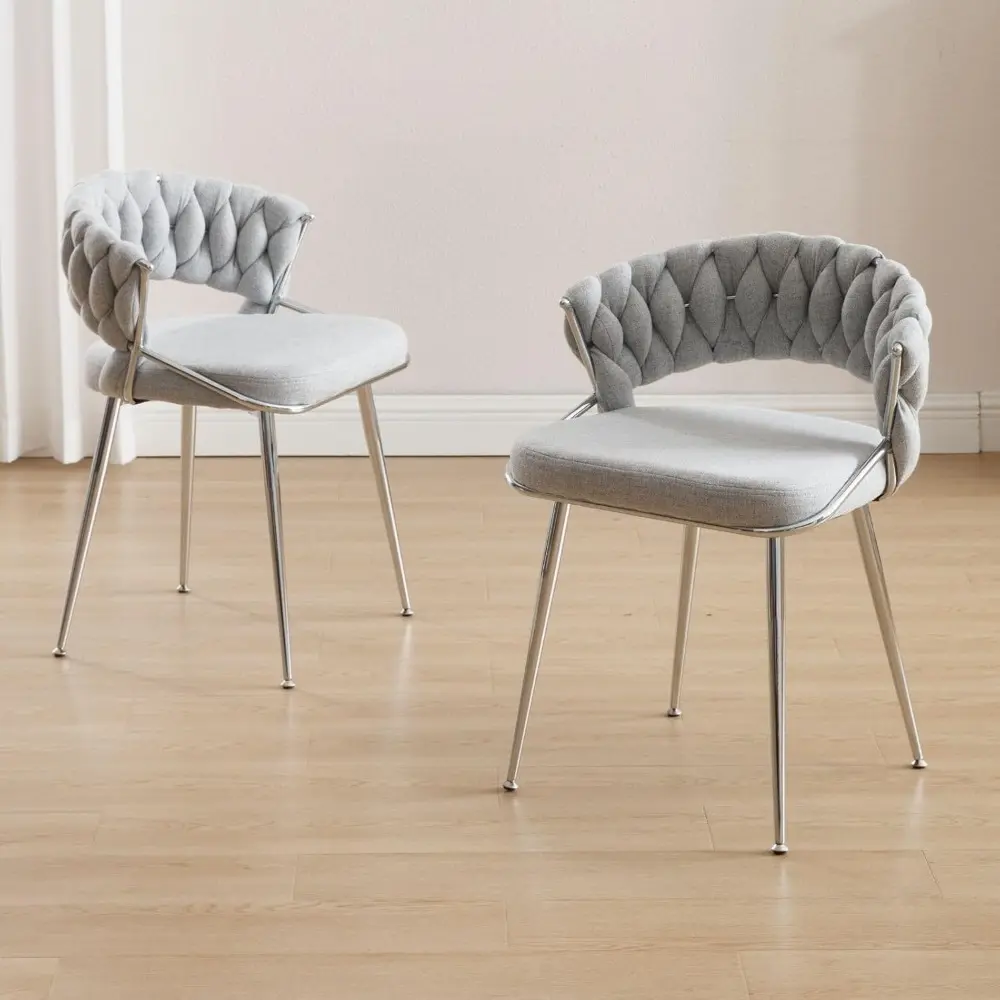 Modern Linen Dining Chairs Set of 4, Upholstered Kitchen Chairs with Silver Metal Legs Weaved Open Back Side Chairs Armless Cha