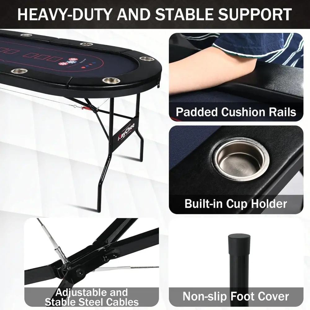 8 Player Poker Table Foldable, 71” Texas Holdem Poker Table, Portable Casino Table for Game Room, Folding Oval Blackjack Game Ta