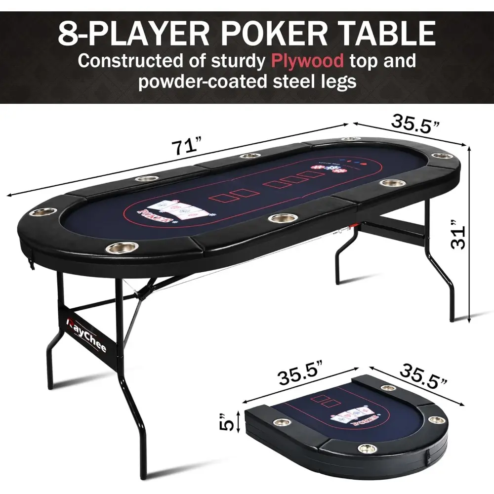 8 Player Poker Table Foldable, 71” Texas Holdem Poker Table, Portable Casino Table for Game Room, Folding Oval Blackjack Game Ta