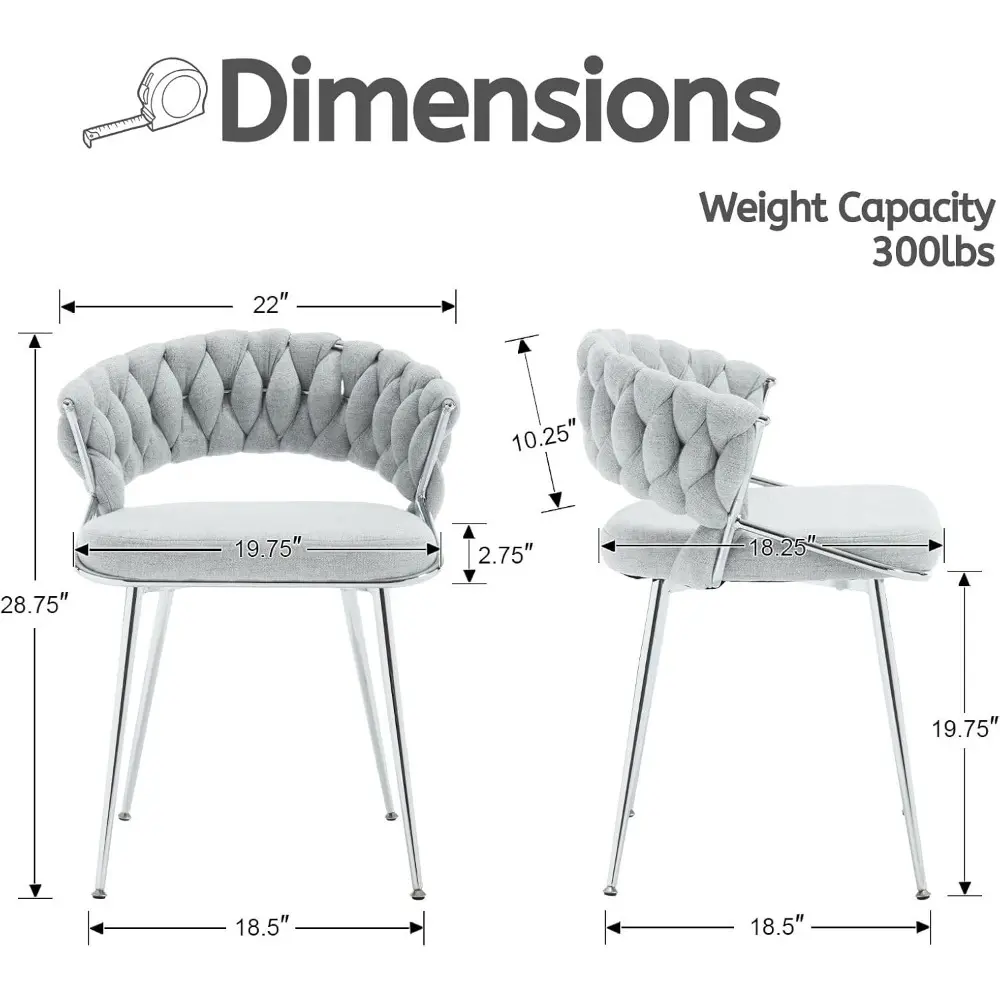 Modern Linen Dining Chairs Set of 4, Upholstered Kitchen Chairs with Silver Metal Legs Weaved Open Back Side Chairs Armless Cha