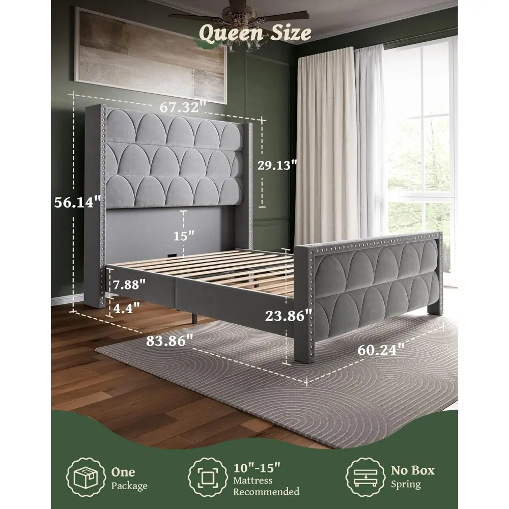Queen Size Bed Frame with 56" Headboard - 1000LBS Capacity Support, Velvet Upholstered Wingback Platform Bed Frame, Noise Free,