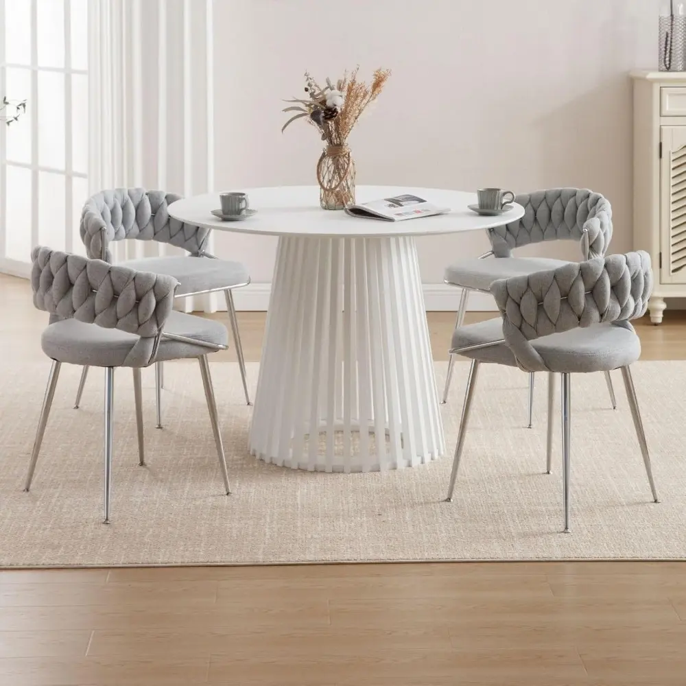 Modern Linen Dining Chairs Set of 4, Upholstered Kitchen Chairs with Silver Metal Legs Weaved Open Back Side Chairs Armless Cha