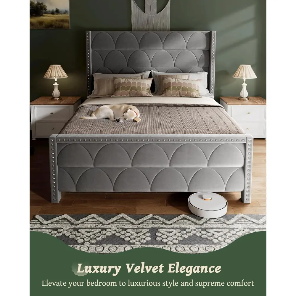 Queen Size Bed Frame with 56" Headboard - 1000LBS Capacity Support, Velvet Upholstered Wingback Platform Bed Frame, Noise Free,