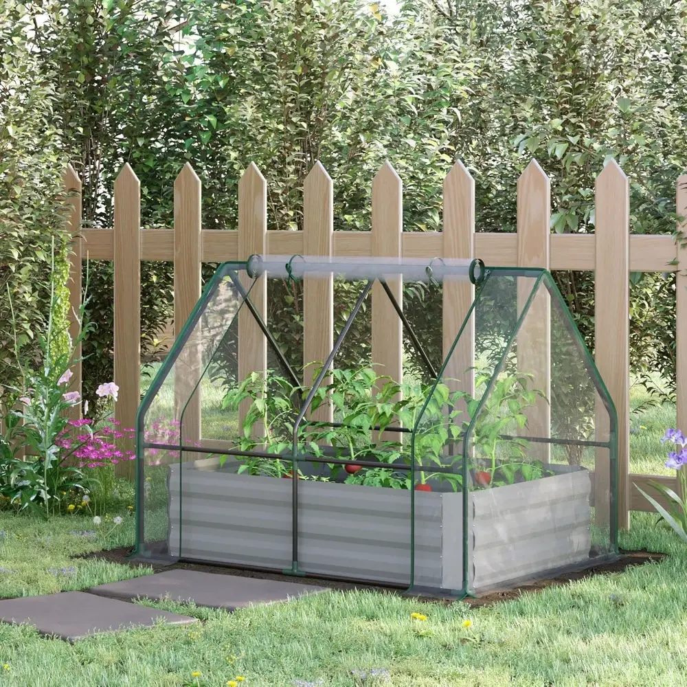 4' x 3' Galvanized Raised Garden Bed with Mini PVC Greenhouse Cover, Outdoor Metal Planter Box with 2 Roll Up Windows for Growin