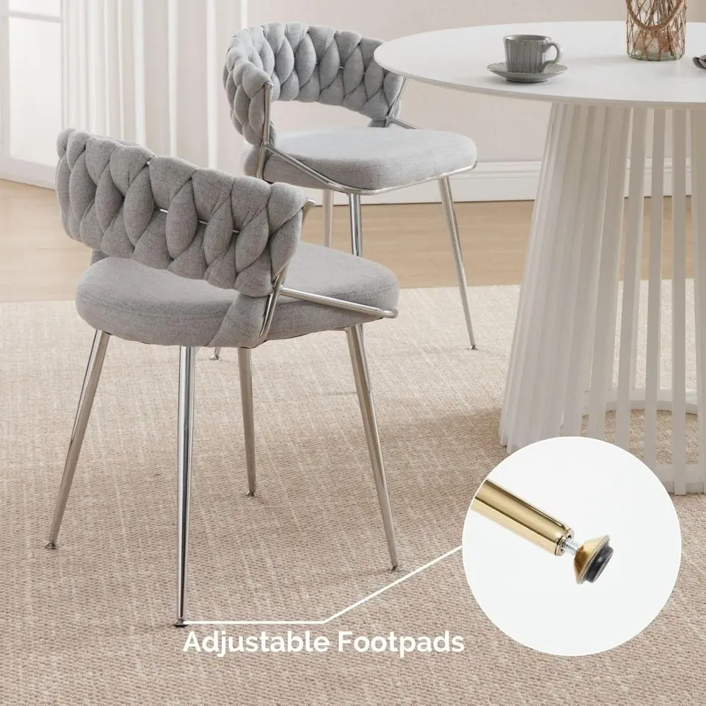 Modern Linen Dining Chairs Set of 4, Upholstered Kitchen Chairs with Silver Metal Legs Weaved Open Back Side Chairs Armless Cha