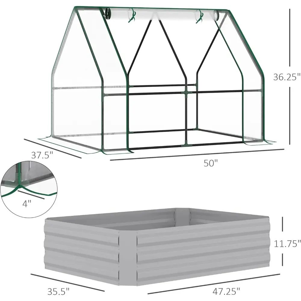 4' x 3' Galvanized Raised Garden Bed with Mini PVC Greenhouse Cover, Outdoor Metal Planter Box with 2 Roll Up Windows for Growin
