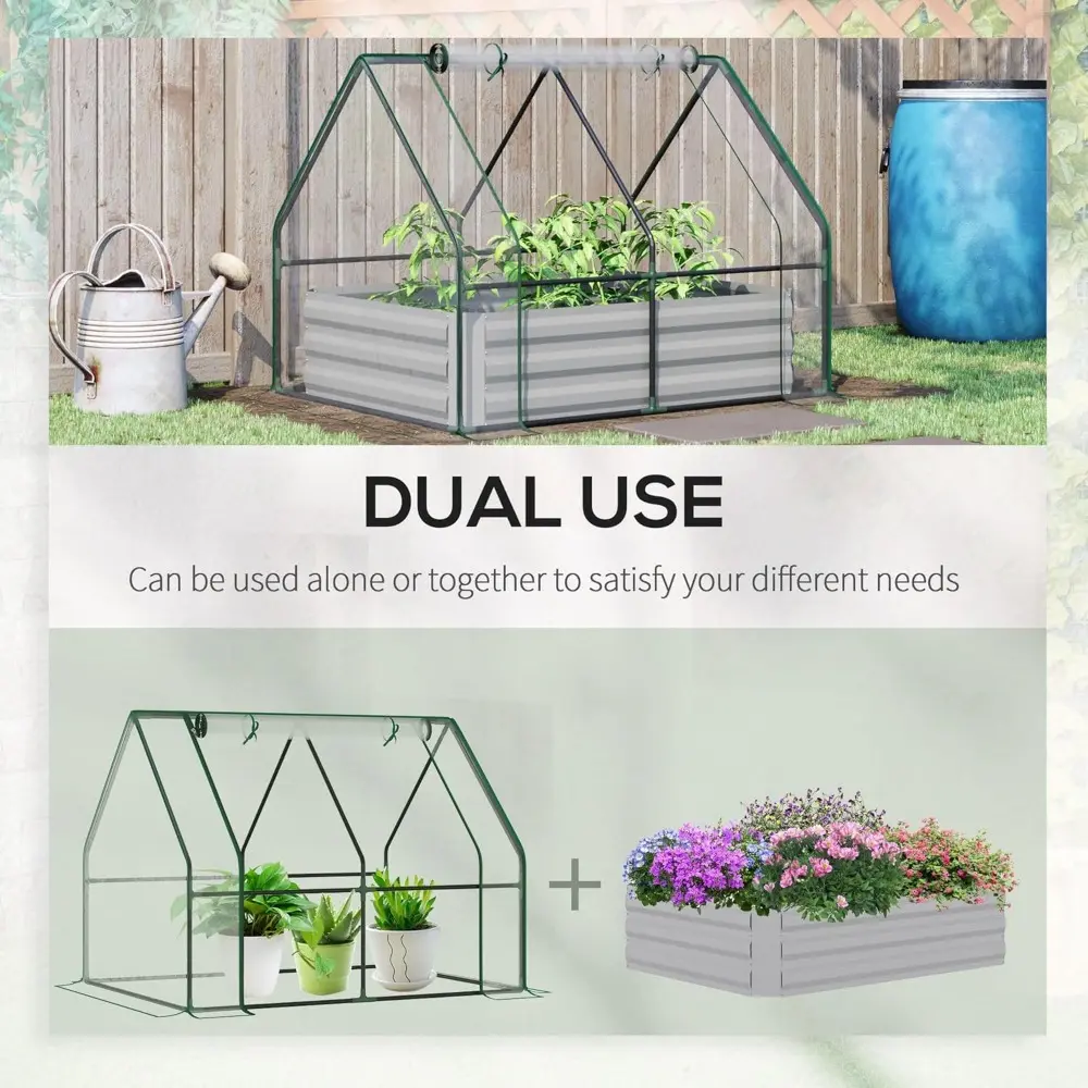 4' x 3' Galvanized Raised Garden Bed with Mini PVC Greenhouse Cover, Outdoor Metal Planter Box with 2 Roll Up Windows for Growin