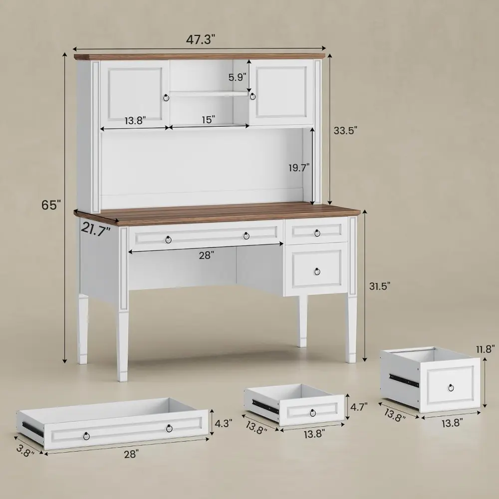 Farmhouse Desk with Hutch, 47.3" Executive Desk, Home Office Desk with 3 Drawers, Computer Desk with File Drawer, 2 Storage Cab