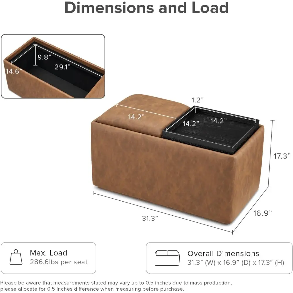 Levi Storage Bench with Reversible Tray, Modern Storage Coffee Table, Bedroom Bench, Rectangular Cube Upholstered Coffee Table