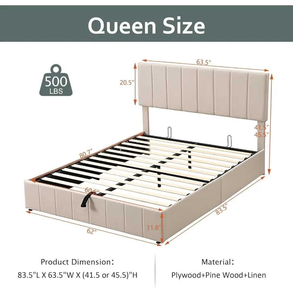 Merax Gas Lift Up Storage Bed, Upholstered Bed Frame with Hydraulic Storage System and Wooden Slat Support, Space-Saving Design,