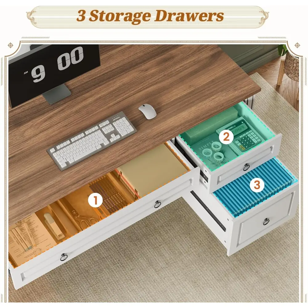 Farmhouse Desk with Hutch, 47.3" Executive Desk, Home Office Desk with 3 Drawers, Computer Desk with File Drawer, 2 Storage Cab