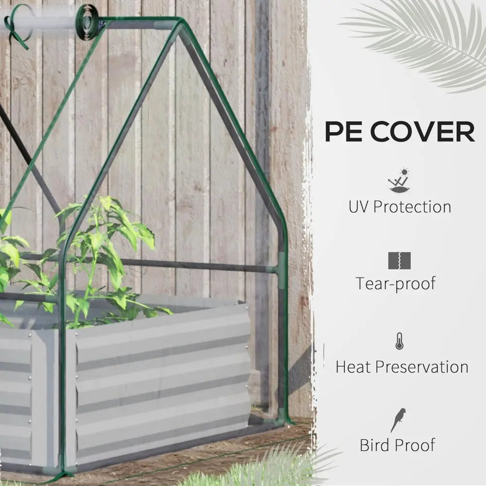 4' x 3' Galvanized Raised Garden Bed with Mini PVC Greenhouse Cover, Outdoor Metal Planter Box with 2 Roll Up Windows for Growin