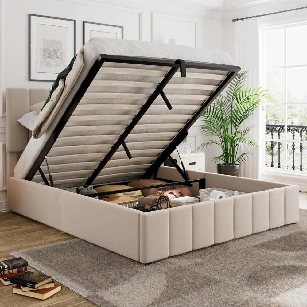 Merax Gas Lift Up Storage Bed, Upholstered Bed Frame with Hydraulic Storage System and Wooden Slat Support, Space-Saving Design,
