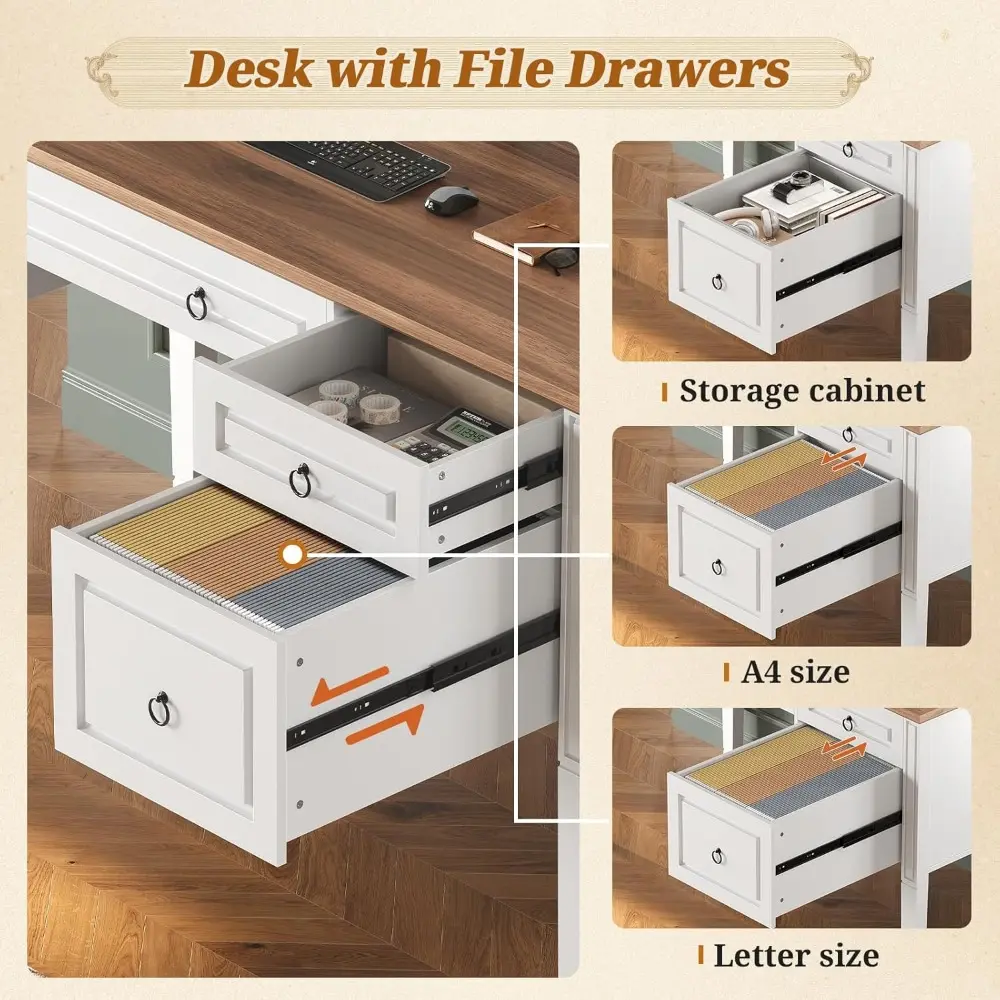Farmhouse Desk with Hutch, 47.3" Executive Desk, Home Office Desk with 3 Drawers, Computer Desk with File Drawer, 2 Storage Cab