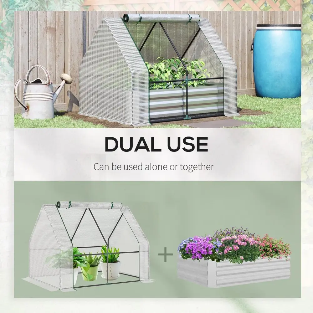 6' x 3' Galvanized Raised Garden Bed with Mini PVC Greenhouse Cover, Outdoor Metal Planter Box with 2 Roll Up Windows for Growin